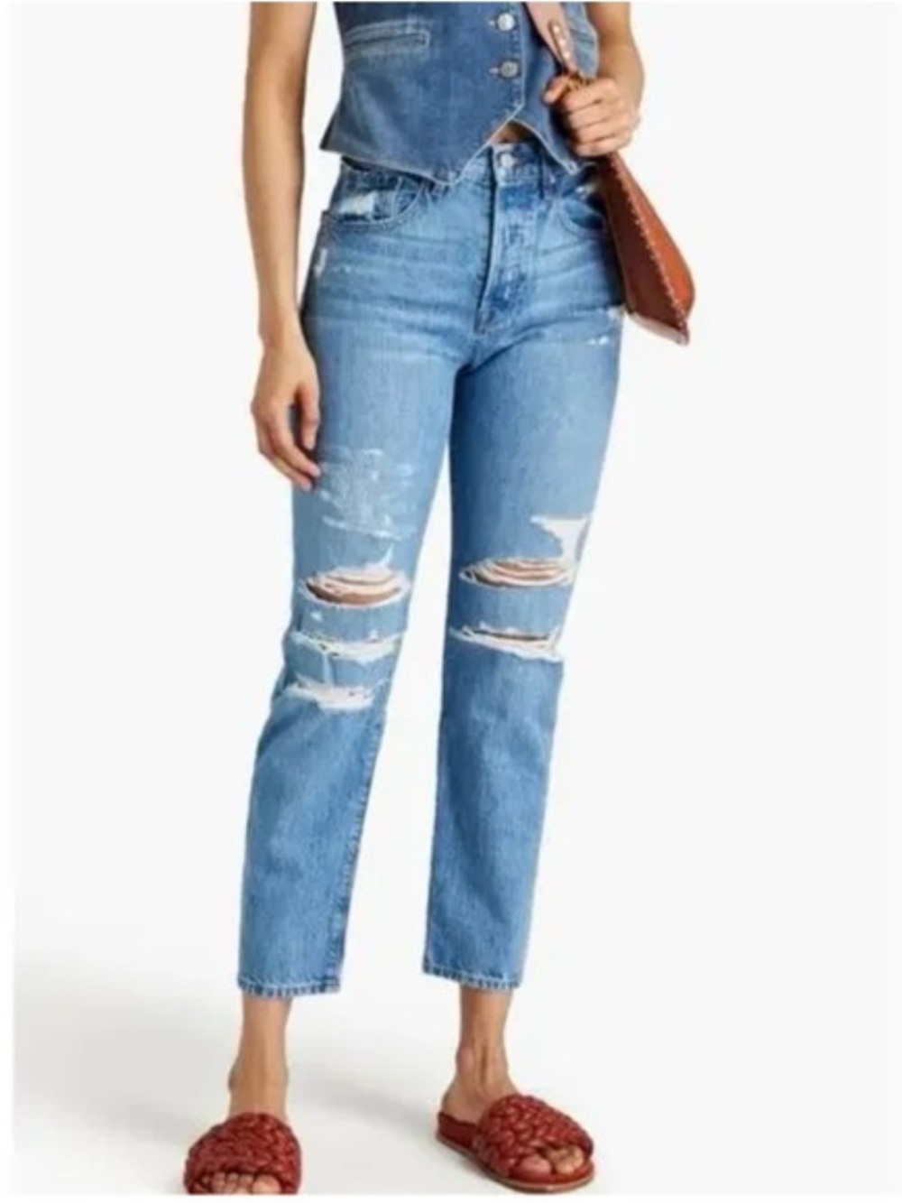 Frame Le Original Denim Light Blue Distressed High-Rise Straight Jeans Size 26